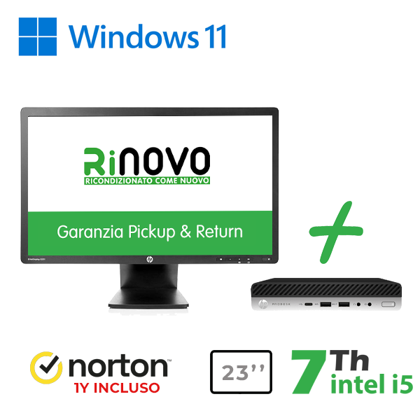 PC HP 600-800 G3 ULTRA MINI PC DM INTEL i5-7GEN 16GB RAM 512GB SSD WIN 11 PRO + MONITOR HP 23" E231+ NORTON ANTIVIRUS cod.RNBUNDLE45
