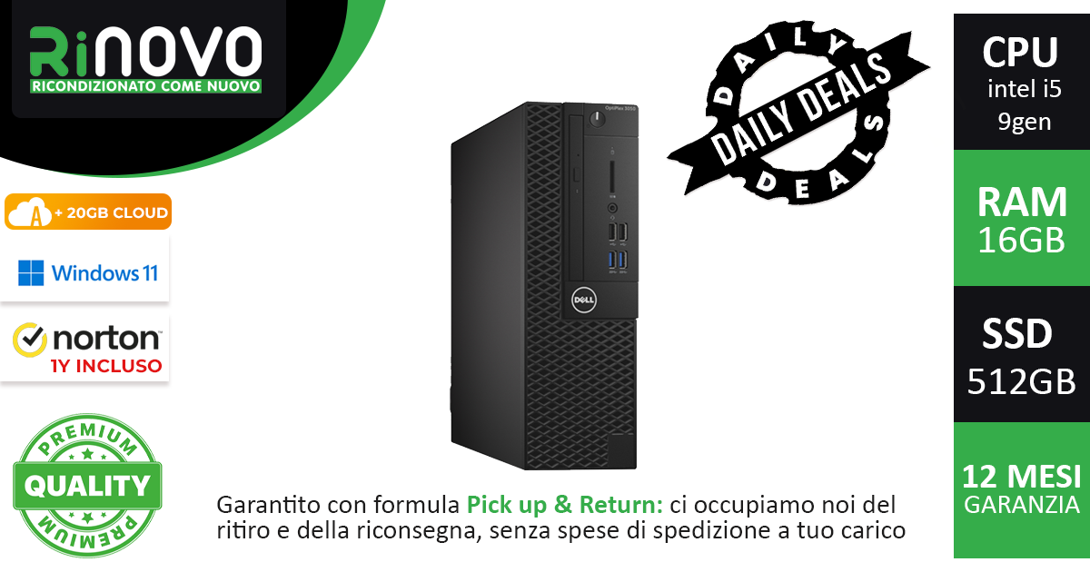 Promo Social PC DELL SFF Optiplex 3050M INTEL i5-9gen 16GB Ram 512GB ssd WIN11 PRO + Norton Antivirus 1 anno e 20GB di Cloud per sempre su Amaryllo