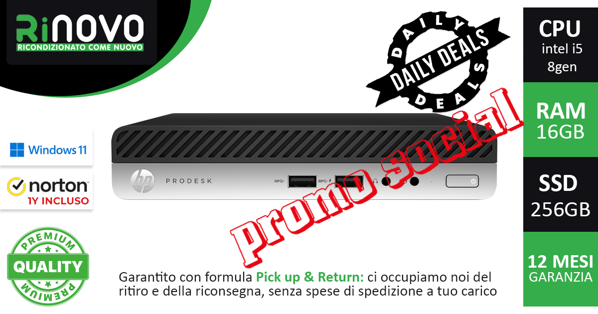PROMO SOCIAL MINI PC HP 400 G4 Cpu Intel i5-8gen 16GB Ram 256GB SSD Windows 11 Pro Originale e Norton Antivirus 1 anno incluso