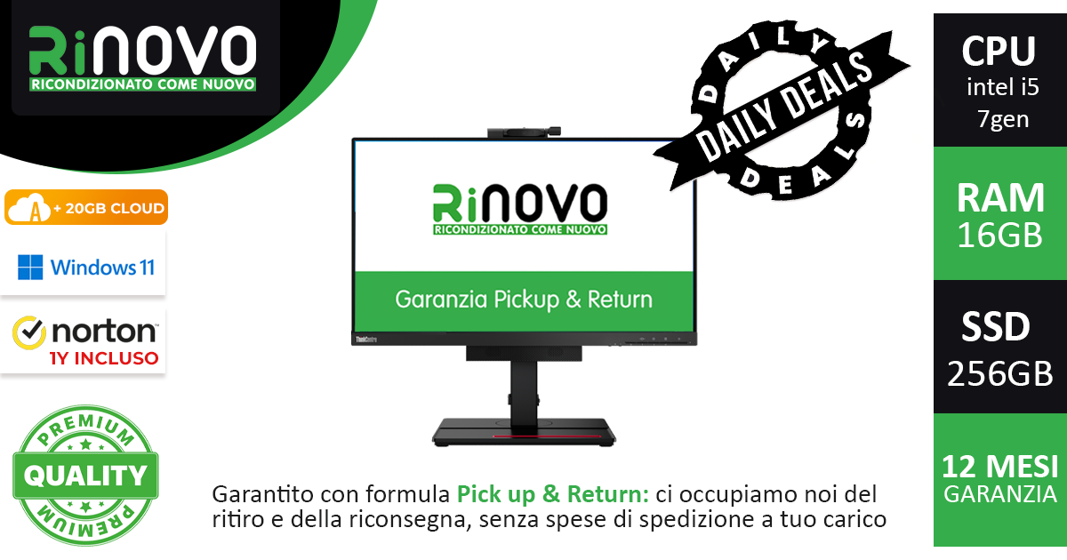 Promo Social TINY-IN-ONE LENOVO 22" con mini Pc M710q cpu i5-7gen 16GB Ram 256GB Ssd Win 11PRO + NORTON ANTIVIRUS 1 anno incluso e 20GB CLOUD per sempre su Amaryllo