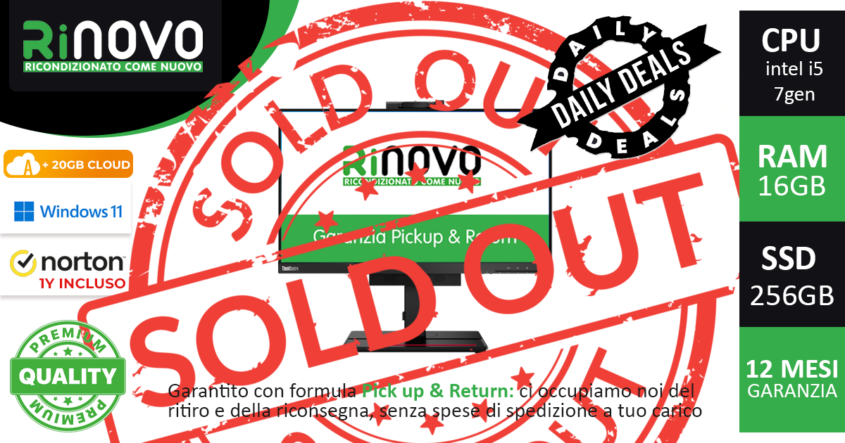 Promo Social TINY-IN-ONE LENOVO 22" con mini Pc M710q cpu i5-7gen 16GB Ram 256GB Ssd Win 11PRO + NORTON ANTIVIRUS 1 anno incluso e 20GB CLOUD per sempre su Amaryllo