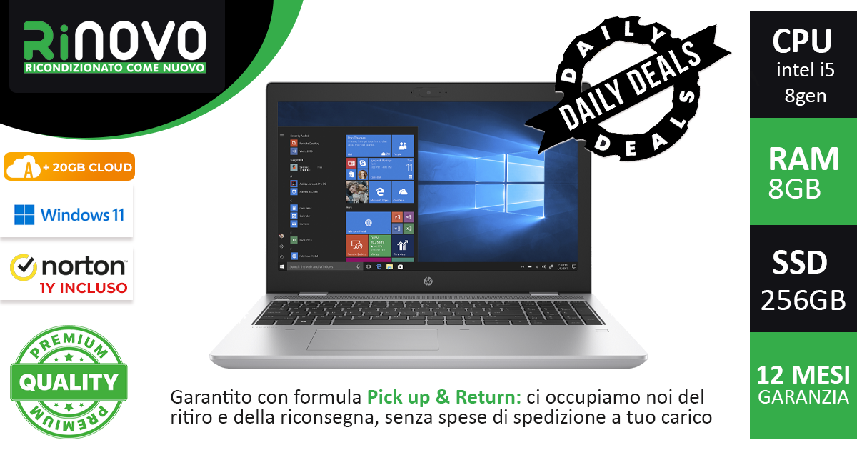 Promo Social NOTEBOOK HP 15,6" Cpu i5-8gen 8GB Ram 256GB Ssd Win11 pro + Norton Antivirus e 20GB CLOUD incluso per sempre!