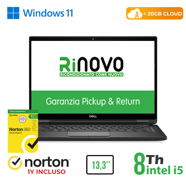 NOTEBOOK DELL 2in1 7390 13,3" TOUCH INTEL i5-8GEN 8GB RAM 256GB SSD WINDOWS 11 PRO + NORTON 360 + 20GB CLOUD cod.RN42522319