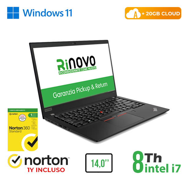 NOTEBOOK LENOVO T480S 14" INTEL i7-8GEN 16GB RAM 256GB SSD WIN 11PRO + NORTON 360 + 20GB CLOUD cod.RN82632312