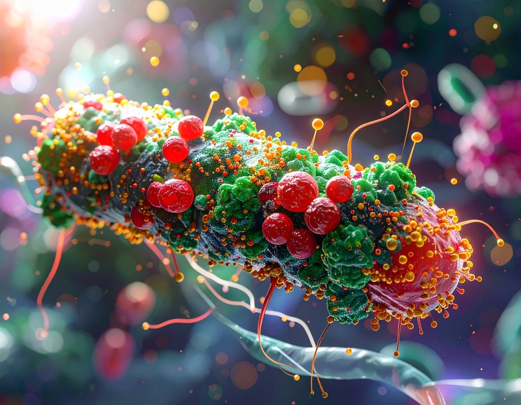 cellula batterica ingegnerizzata per produrre nanofibre amiloidi che incorporano particelle come punti quantici o nanoparticelle d'oro.
