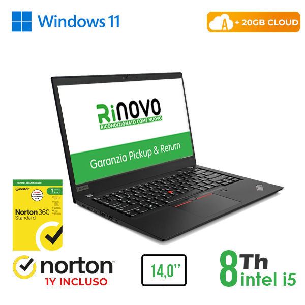 NOTEBOOK LENOVO T480 14" INTEL i5-8GEN 16GB RAM 512GB SSD WIN 11PRO + NORTON 360 + 20GB CLOUD cod.RN82534311